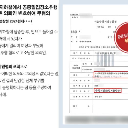 사람 많은 지하철에서 공중밀집장소추행 혐의를 받은 의뢰인 변호하여 무혐의